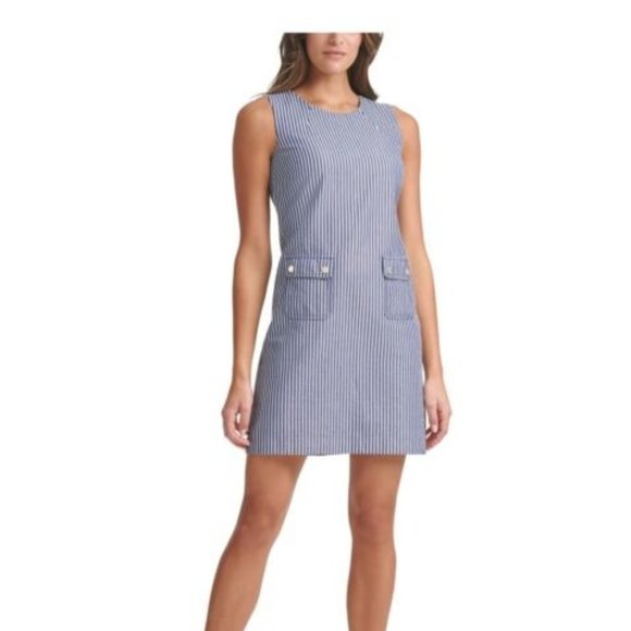 Tommy Hilfiger Dresses & Skirts - Tommy Hilfiger Dress Size 8 Navy White Stripe Seersucker Sleeveless #A1DA1ZC7